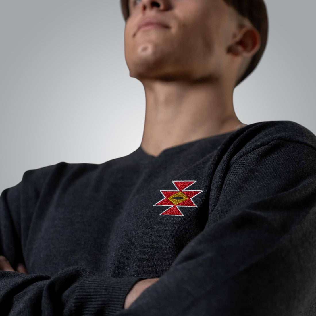 Детайл на пуловер Канатица с бродирана шевица върху гърдите