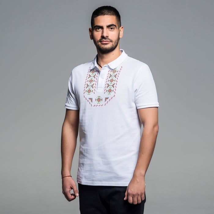 Мъжка тениска с яка бродирана с шевица "Гиздав" от Везба